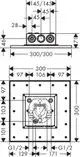 Duschkopf mit quadratischer Grundfläche und abgerundetem Design. Die Installation erfolgt an der Decke. Das Produkt stammt von AXOR und zeigt ein einfaches, funktionales Konzept.